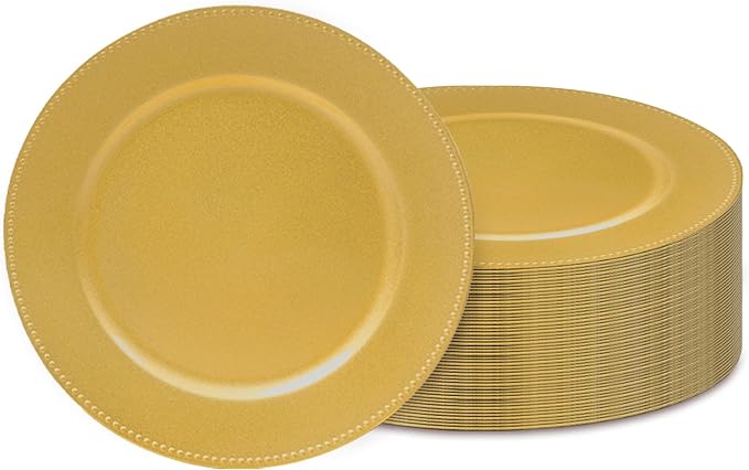 JEVERGN 50 Pack Gold Charger Plates Bulk, 13" Beaded Chargers for Dinner Plates, Gold Plate Chargers Set of 50, Round Plastic Charger for Wedding, Party Event, Dinner, Table Setting