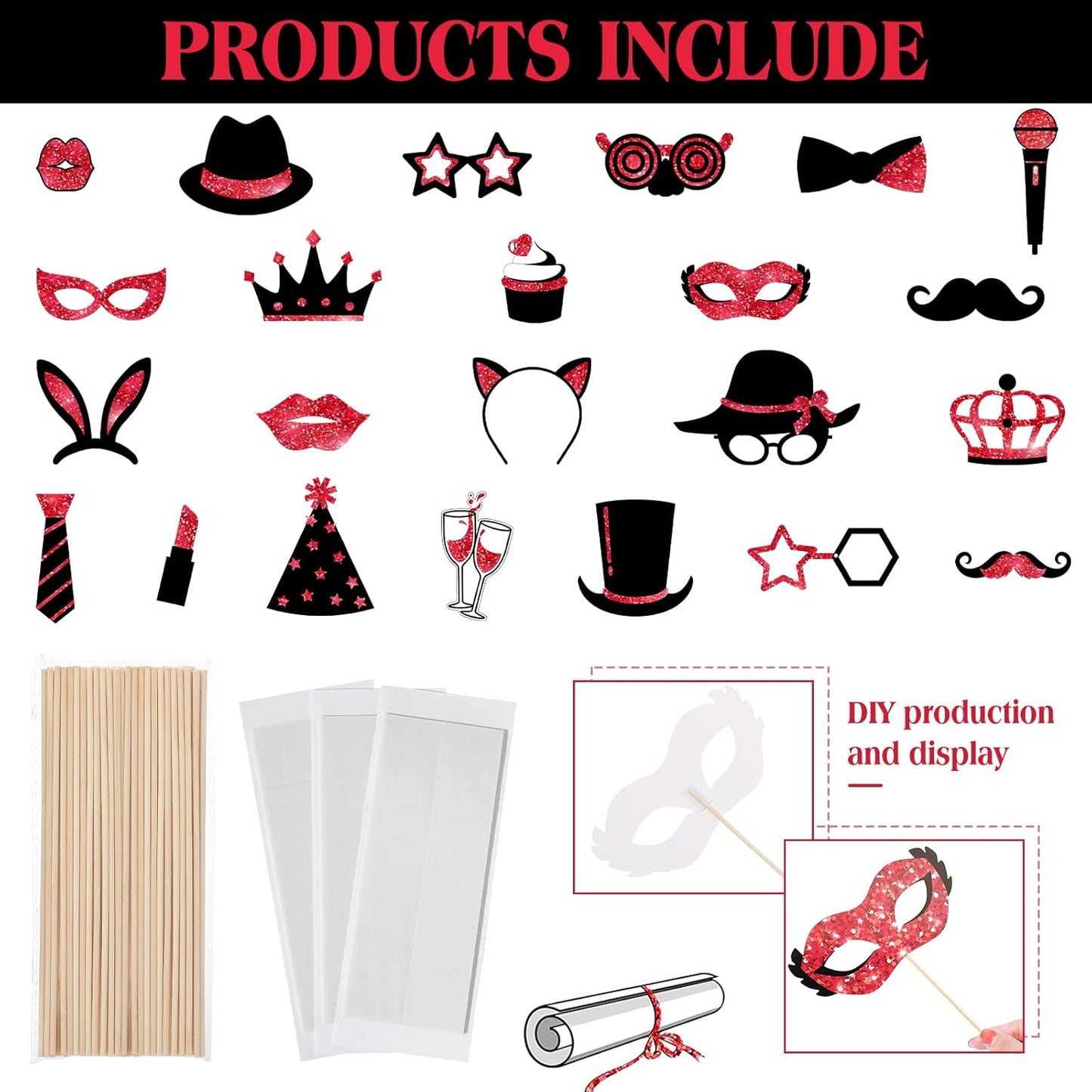 Zonon 24 Pieces Funny Photo Booth Props:Halloween,Christmas,Family Reunion, Class Reunion, Birthday, Weddings, Prom Disco Mardi Gras Party Supplies - Mix of Hats, Lipstick, Tie(Red and Black)