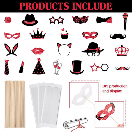 Zonon 24 Pieces Funny Photo Booth Props:Halloween,Christmas,Family Reunion, Class Reunion, Birthday, Weddings, Prom Disco Mardi Gras Party Supplies - Mix of Hats, Lipstick, Tie(Red and Black)