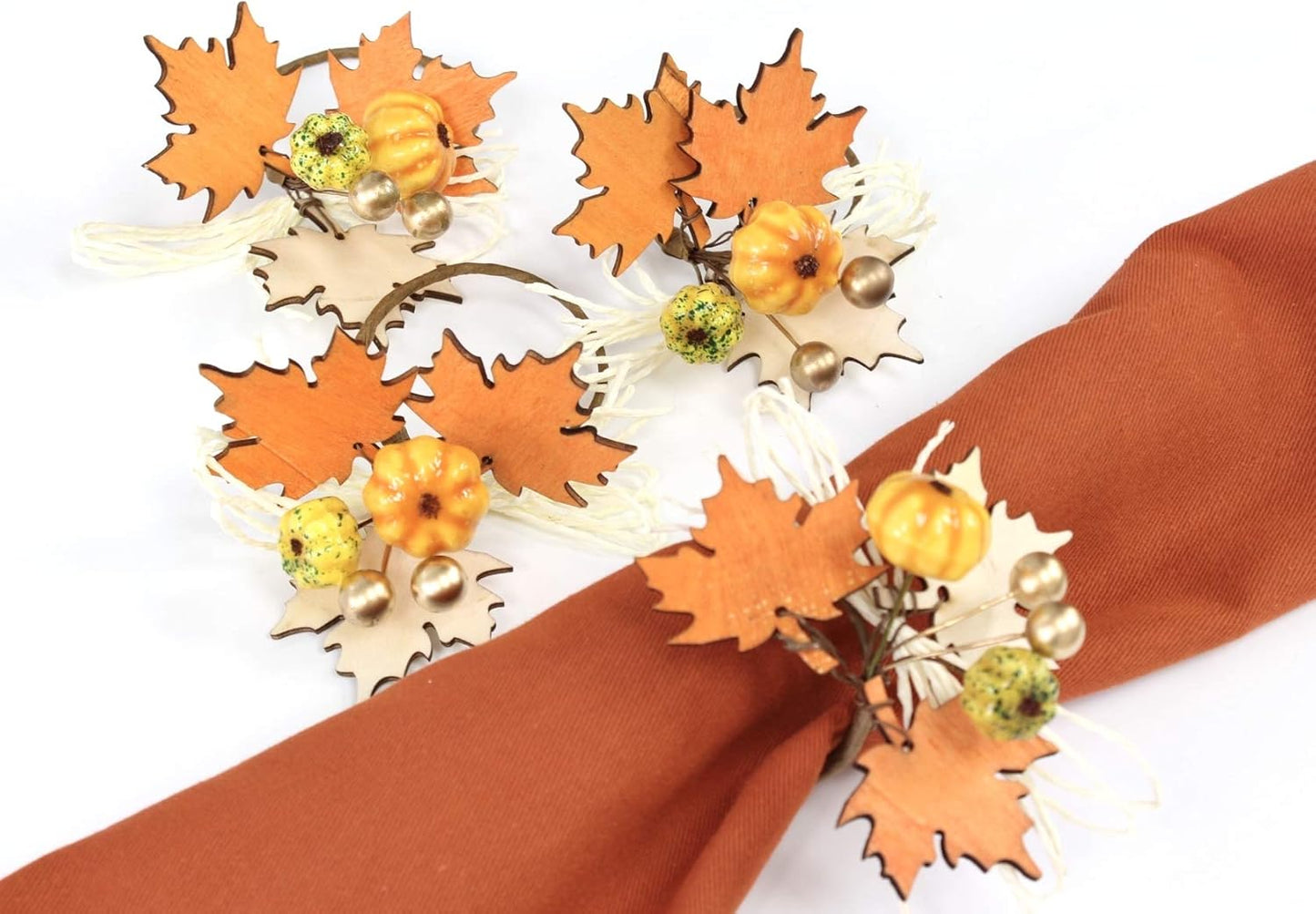 Angel Isabella Fall Themed Napkin Rings - Harvest Maple Wood & Pumpkin Cloth Napkin Holder for Table Setting - Fall Banquet, Thanksgiving, Christmas or Wedding Table Decor (4pc, Harvest Wood)