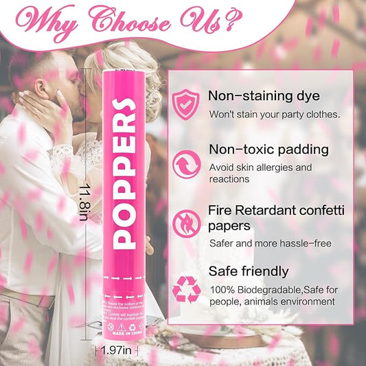 Confetti Cannon Pink 12 Pack Biodegradable Handheld Confetti Party Poppers for Weddings, Gender Reveals, Birthdays & Celebrations 12-Inch Twist Confetti Shooters for Party Fun