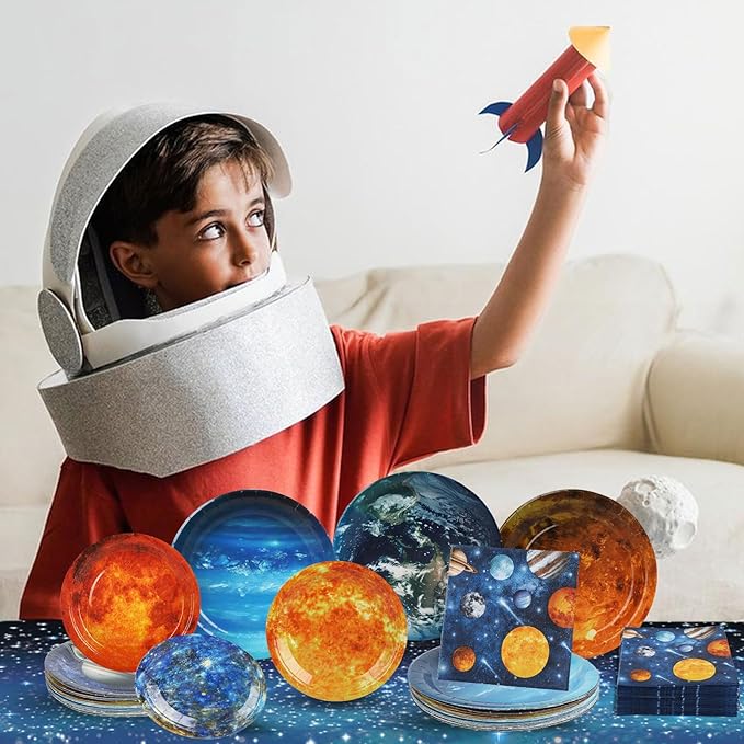 182pcs Outer Space Theme Birthday Party Supplies,Galaxy Planet Outer Space Paper Plates and Napkins Kit,for Solar System Planets Baby Shower Birthday Party Decorations,Serves 30