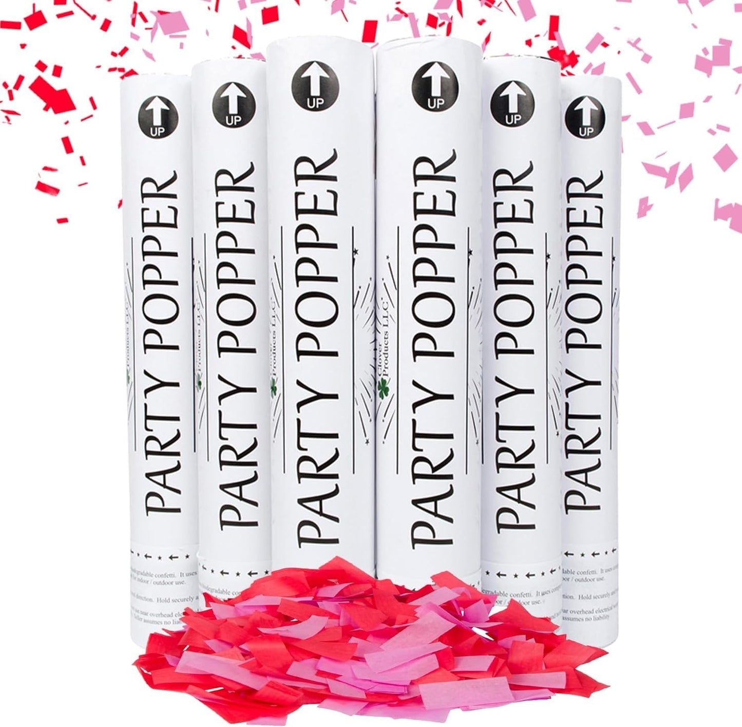 Clover Products 12" Biodegradable Confetti Poppers | 6 Pack | Red & Pink Poppers for Weddings, Birthdays & Events | Air-Powered, Safe & Easy to Use | Shoots 25 Feet for Indoor & Outdoor Celebrations