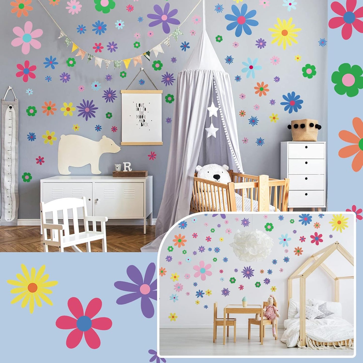 Kisston 90 Pcs Daisy Wall Decal Alphabet Vinyl Wall Decals Boho Decal Daisy Stickers Boho Groovy Floral Stickers for Nursery Art Bedroom Classroom(Bright)