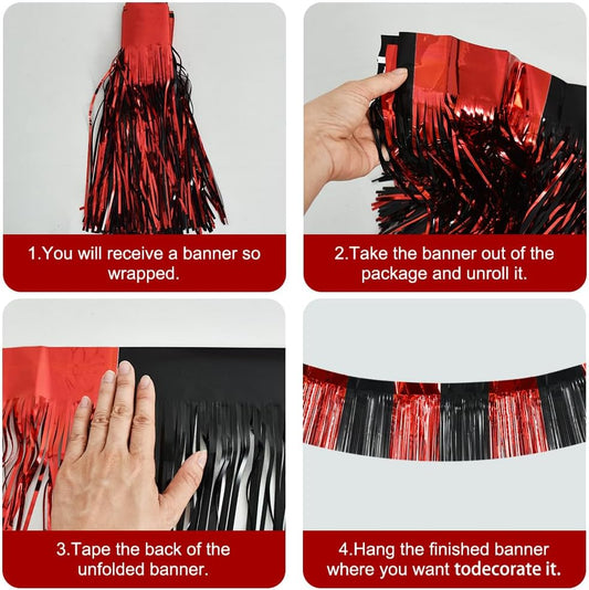 BEISHIDA 3 Packs Metallic Foil Fringe Garland Red Black Wall Hanging Tinsel Fringe Banners for Car Floats Bridal Shower Wedding Birthday Easter Graduation Holiday Party Decoration(30 Feet)
