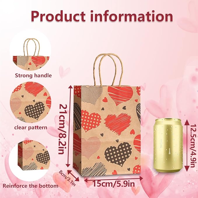 piqiya 24pcs Valentine Gift Bags Bulk,Kraft Paper Gift Bag with Handle,Valentines Gift Bags for Gift Wrapping,Anniversary,Valentine‘s Day Party