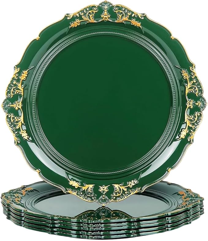 Green Charger Plates, 13 Inch Embossed Chargers for Dinner Plates. Plastic Charger for Wedding, Party. (Set of 6)
