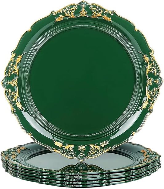 Green Charger Plates, 13 Inch Embossed Chargers for Dinner Plates. Plastic Charger for Wedding, Party. (Set of 6)
