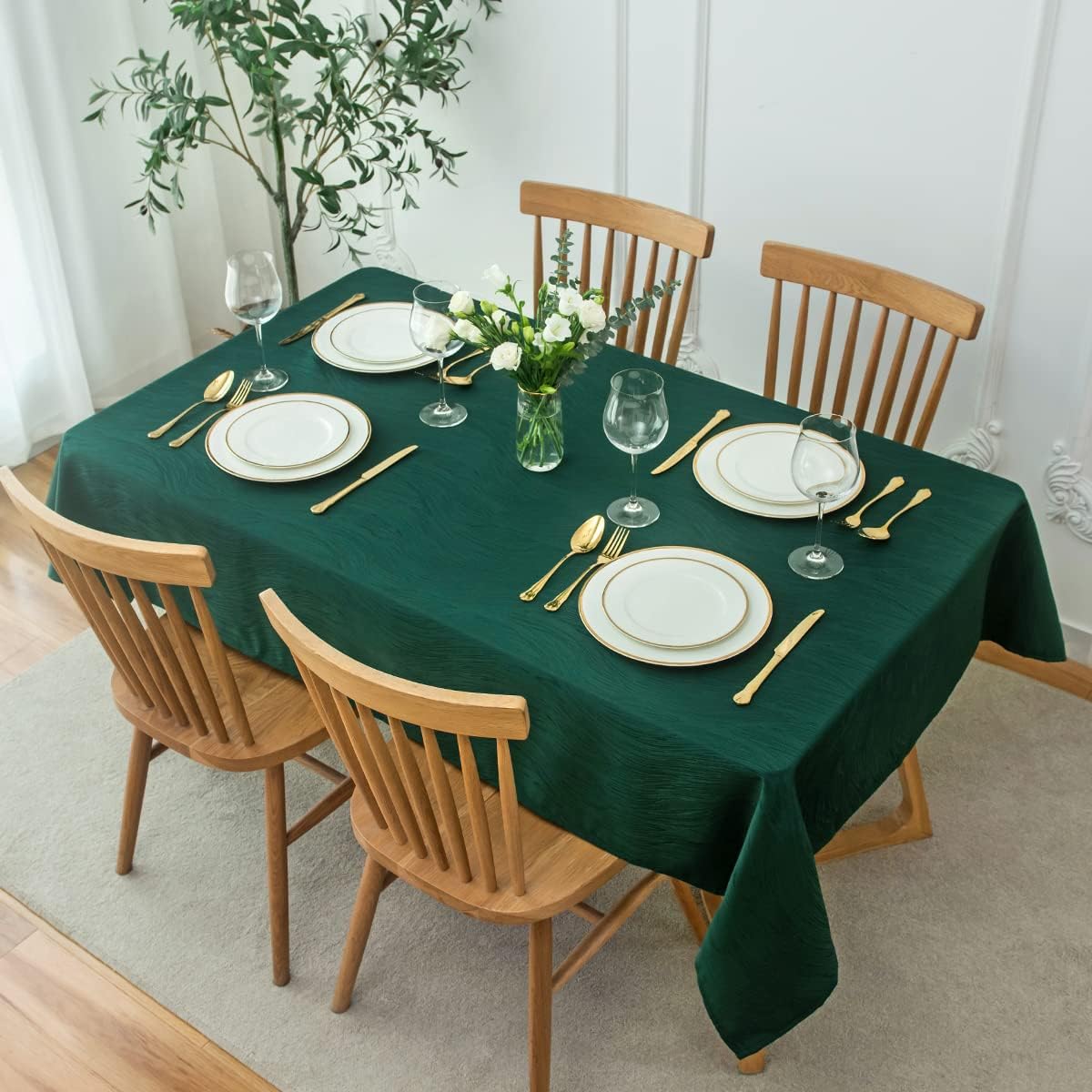maxmill Rectangle Swirl Design Tablecloth Waterproof Spillproof Wrinkle Free Table Cloth, Kitchen Dinning Tabletop Decoration, Fabric Table Cover for Christmas Parties, 52 x 70 Inch, Hunter Green
