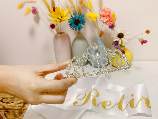 JETKONG Retirement Party Decorations Retired Tiara/Crown, Retired Sash for Women Retirement Gifts, Retirement Party Supplies, Gifts, Favors (Silver)
