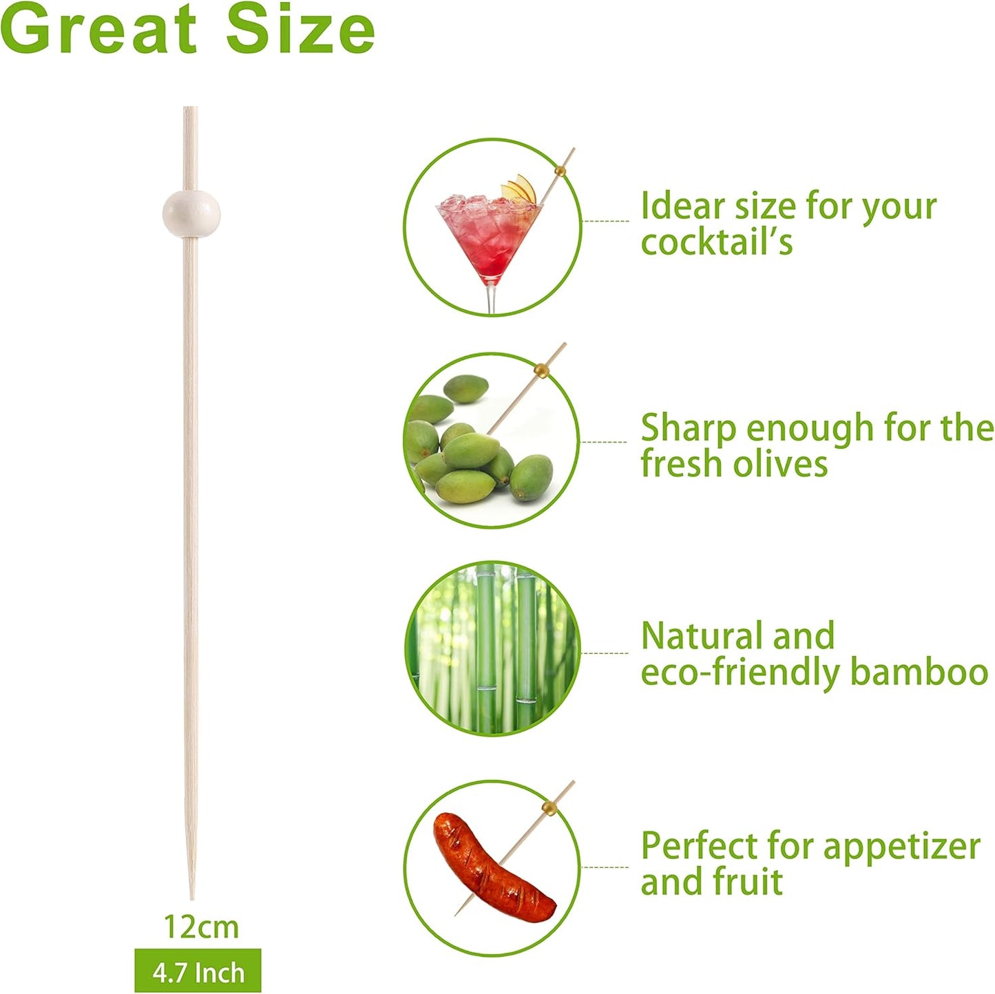 200 Pcs Cocktail Picks, 4.7 Inch Toothpicks for Appetizers, Bamboo Cocktail Sticks Skewers for Drinks, Desserts, Charcuterie, Wedding Party Fancy Toothpicks, Natural Pearl Mini Food Picks Decorative
