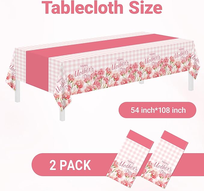 2 Pack Mothers Day Tablecloth,Mothers Decorations 54" x 108" Disposable Plastic Tablecloth,Mothers Table Cloth Plastic Pink Table Cover for Party Supplies,Birthday,Home,Dinner,Indoor,Outside Picnic
