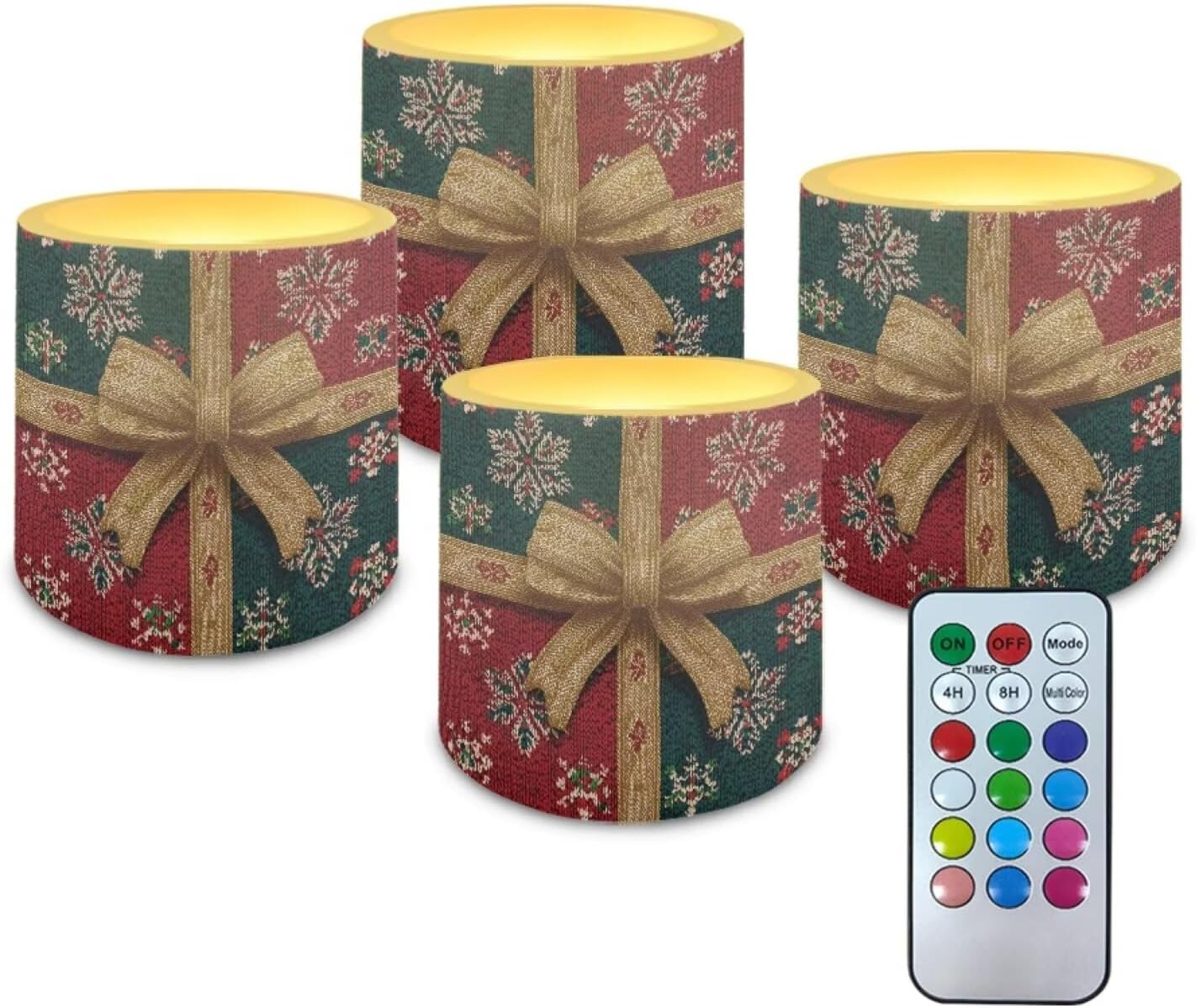 Poceacles 4 PCS Christmas Decor LED Candles with Remote Control Flameless 4/8 Hours Timer Multi-Color Night Lights for Weddings Parties Indoor Outdoor Decor, Bow Snowflake Pattern Green Red