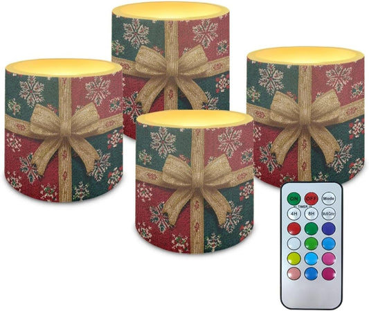 Poceacles 4 PCS Christmas Decor LED Candles with Remote Control Flameless 4/8 Hours Timer Multi-Color Night Lights for Weddings Parties Indoor Outdoor Decor, Bow Snowflake Pattern Green Red