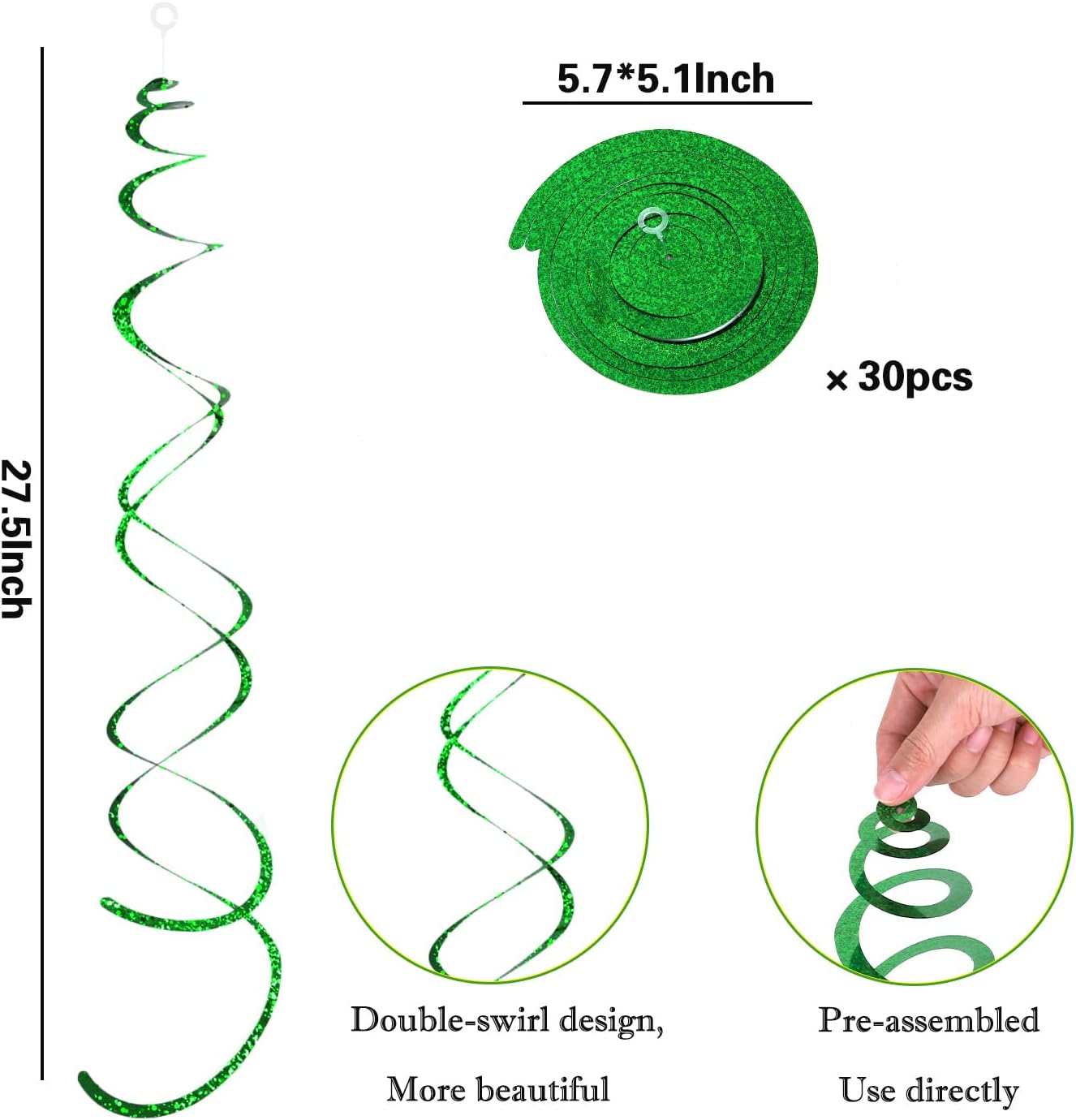 30 Pieces Green Party Swirl Decorations, Sparkle Green Hanging Swirls Whirls Shimmer Plastic Streamer for Ceiling, Party Supplies for St. Patrick's Day Tropical Hawaiian Birthday Christmas Party Decor