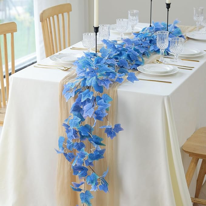 mizii 5 Packs 360" Artificial Vines Blue Ivy Garland Realistic Fake Vine Silk Leaves Faux Hanging Plants Greenery Decoration for Outdoors Wedding Party Indoor Mantle Bedroom Home Decor (Blue Ivy)