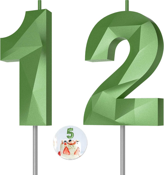 Number Birthday Candles(12 Candle Green) 3D Diamond Shape Number Happy Birthday Cake Candles for Birthday Party Wedding Decoration Reunions Theme Party