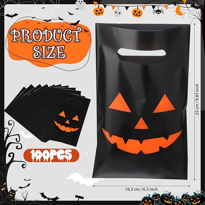 Supervitae 100 Pcs Halloween Treat Bags Plastic Pumpkin Party Favor Bags Bulk with Handles for Halloween Snacks Goodie Candy Treat Party Supplies, 9.84''x6.5''
