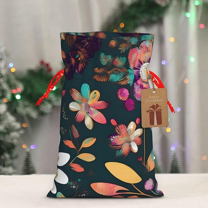 Colorful Boho Floral Printing Christmas Drawstring Gift Bags With Holiday Present Xmas Party Favors Fillers Sacks