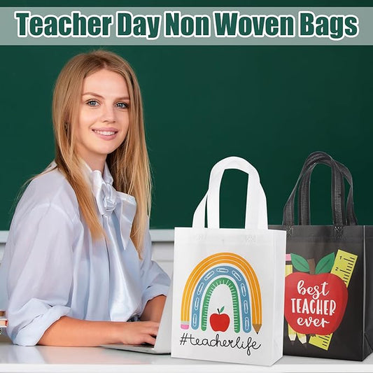 Wesnoy 60 Pcs Teacher Appreciation Gift Tote Bags Bulk Thank You Teachers Reusable Non Woven Treat Goodie Bags with Handles Gifts Wrap for School Office Retirement Graduation Party Supplies