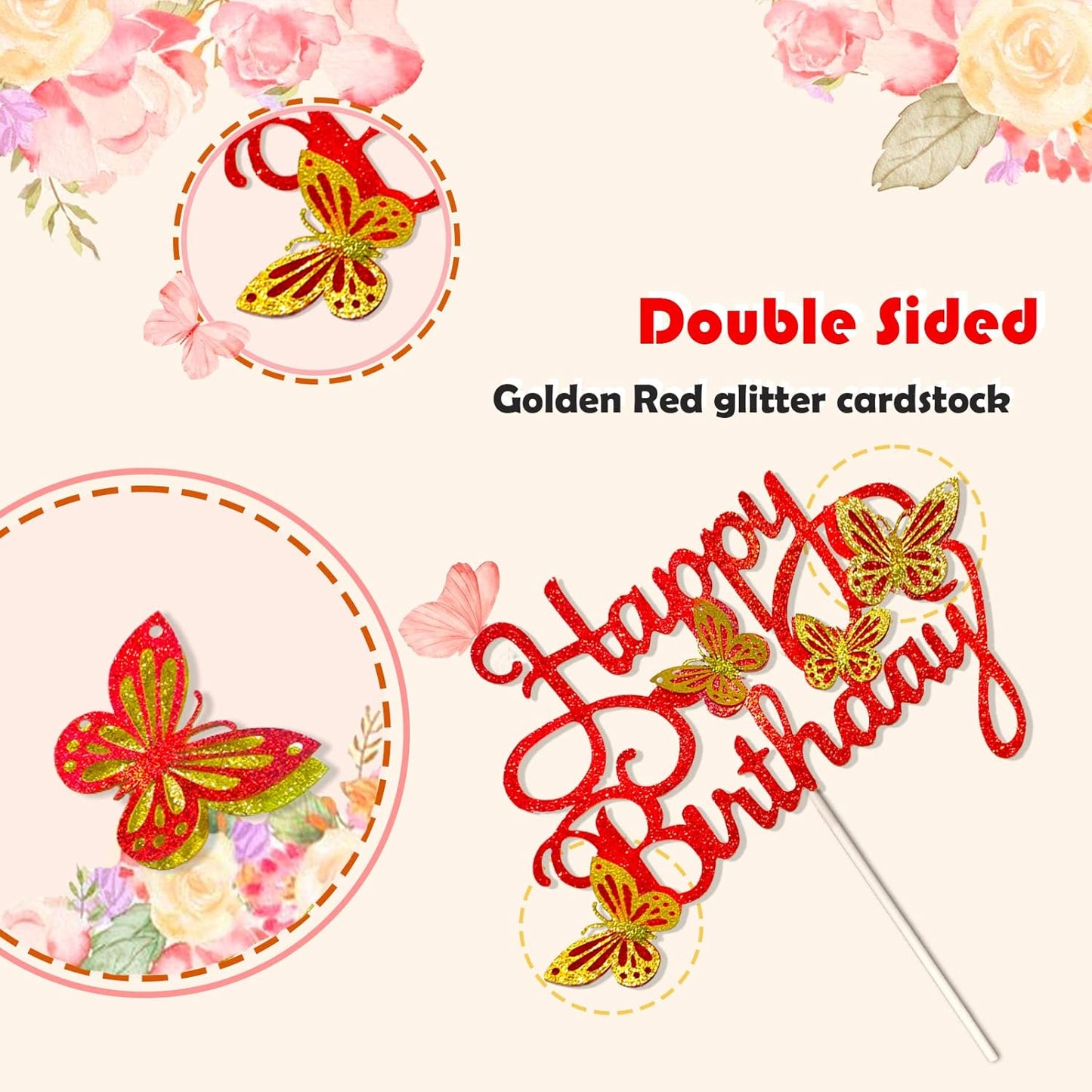 13-Piece Butterfly Cake Toppers - 3D Cupcake Toppers for Girls & Women's Birthdays (Golden Red)