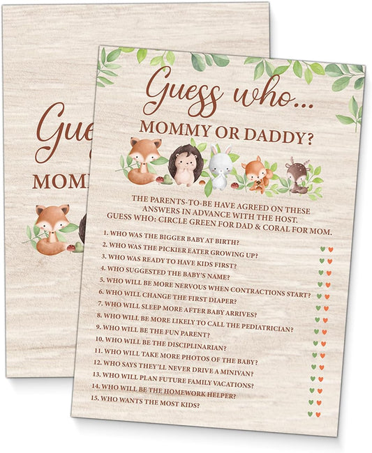 Woodland Baby Shower Games, Guess Who Mommy or Daddy Game, Gender Neutral Boy or Girl, 20 Woodland Forest Animals Theme Game Cards