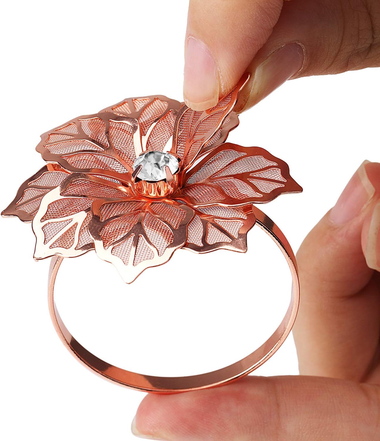 KPOSIYA Flower Napkin Rings Holder Metal Rose Gold Napkin Rings Set of 12 for Wedding Party Holiday Banquet Christmas Dinner Delicate Serviette Buckles Decor Favor (12, Rose Gold)