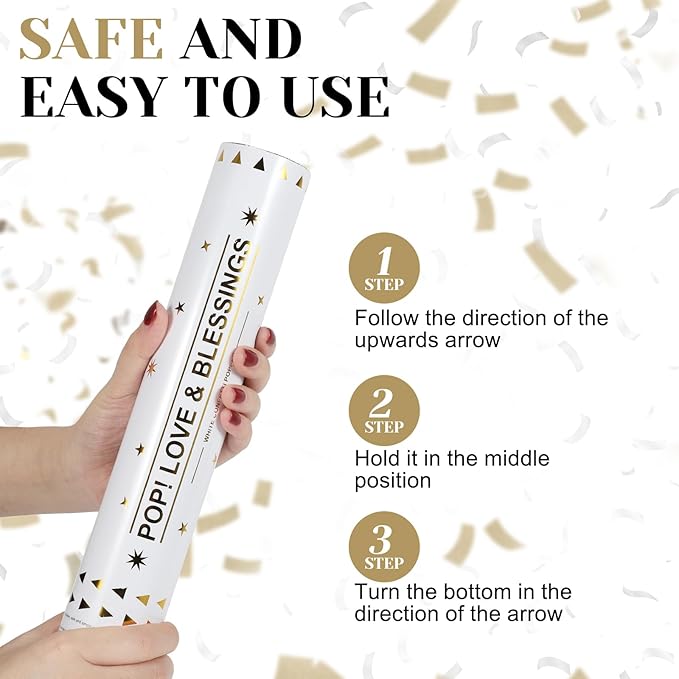 White Mix Gold Confetti Poppers 6 Pack,Biodegradable Confetti Connon,12inch Rice Paper Water Soluble Confetti Tube For Lawns Outdoor Wedding,Birthday,Celebrations