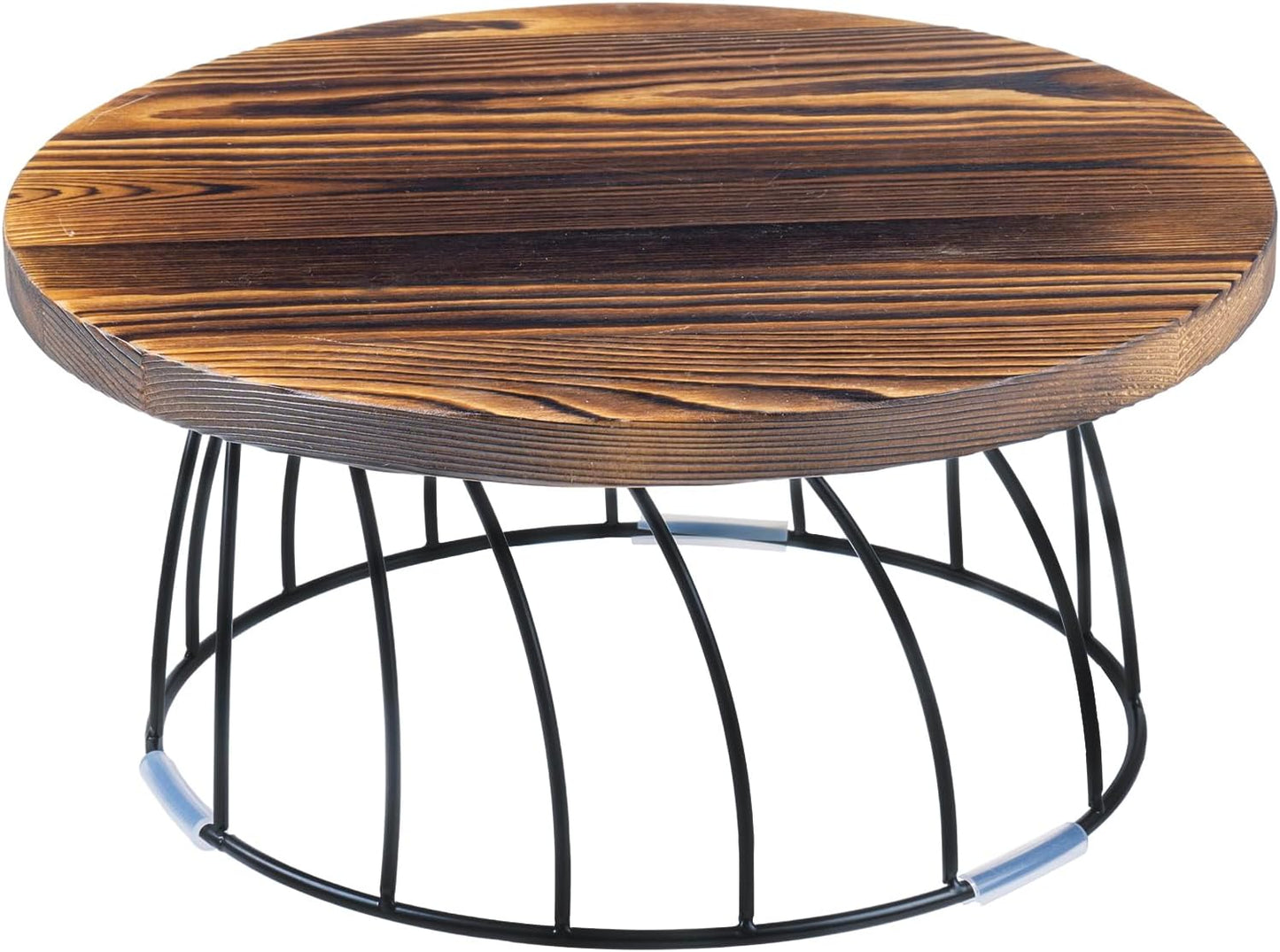 MyGift 12 Inch Round Rustic Burnt Solid Wood and Black Metal Wire Food Serving Stand, Table Display Riser for Pizza Cake Cupcake Pie Dessert Wedding Party Urban Decor
