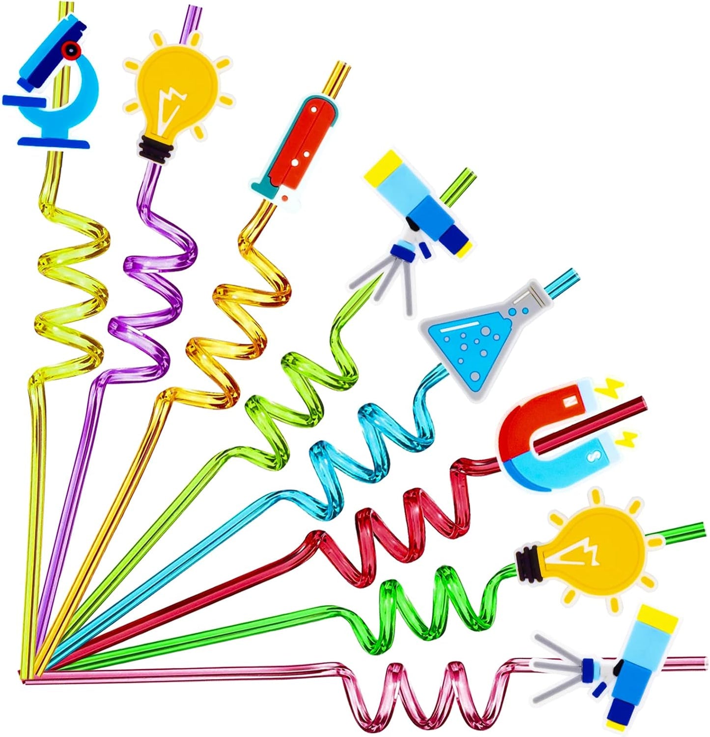 24pcs Science Theme Shaped Straws Reusable Plastic, Drink Cocktail Straws with Cartoon Decorations Kids Mad Scientist Party Supplies Birthday Party Favors