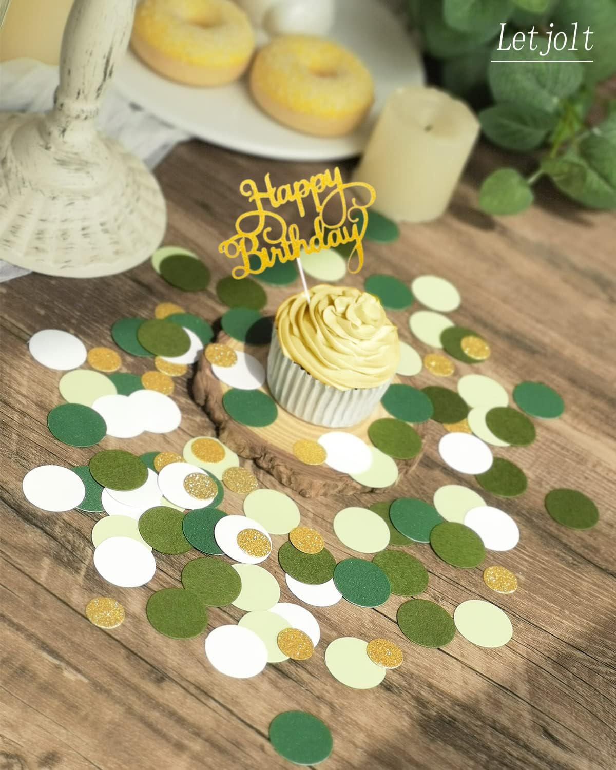 Green Confetti Glitter Golden Greenery Scatter Table Decoration Surprise Paper Craft Anniversary Supplies Birthday Party Bridal Baby Shower Party Wedding Gift Circle Dots Decor 100 Pcs