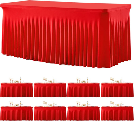 8 Pack Spandex Red Fitted Table Cloth for 6ft Rectangle Tables Red Stretch Tablecloth Table Covers Skirt Banquet Wrinkle Free Tablecloths for Parties Wedding