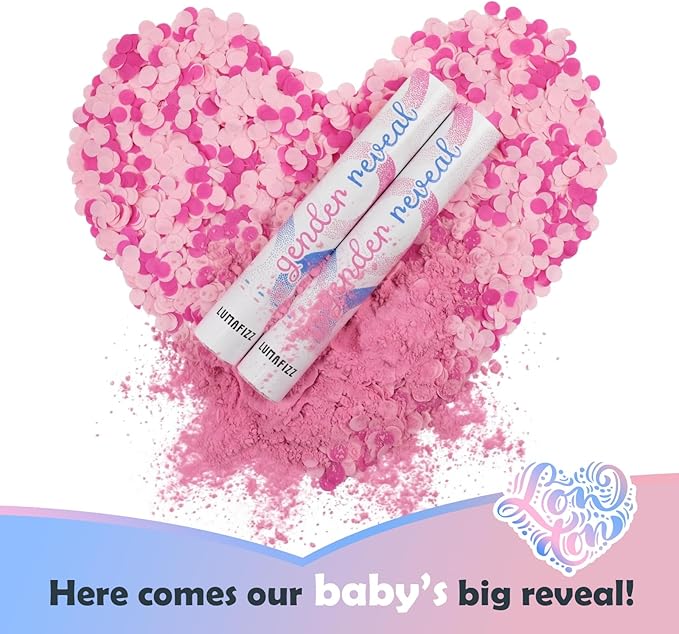 Gender Reveal Confetti Cannon - Biodegradable Powder & Confetti Poppers - Pink, 2Pack - Baby Girl Gender Reveal Smoke Bombs - Powder Cannon Party Poppers Pink Party Supplies