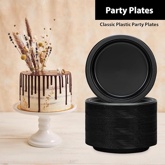 Hanna K. Signature Collection Black Plastic Plates 7 Inch - 600 count Solid Round Party For Weddings, BBQs, Birthday Disposable Dessert (81070 (case))