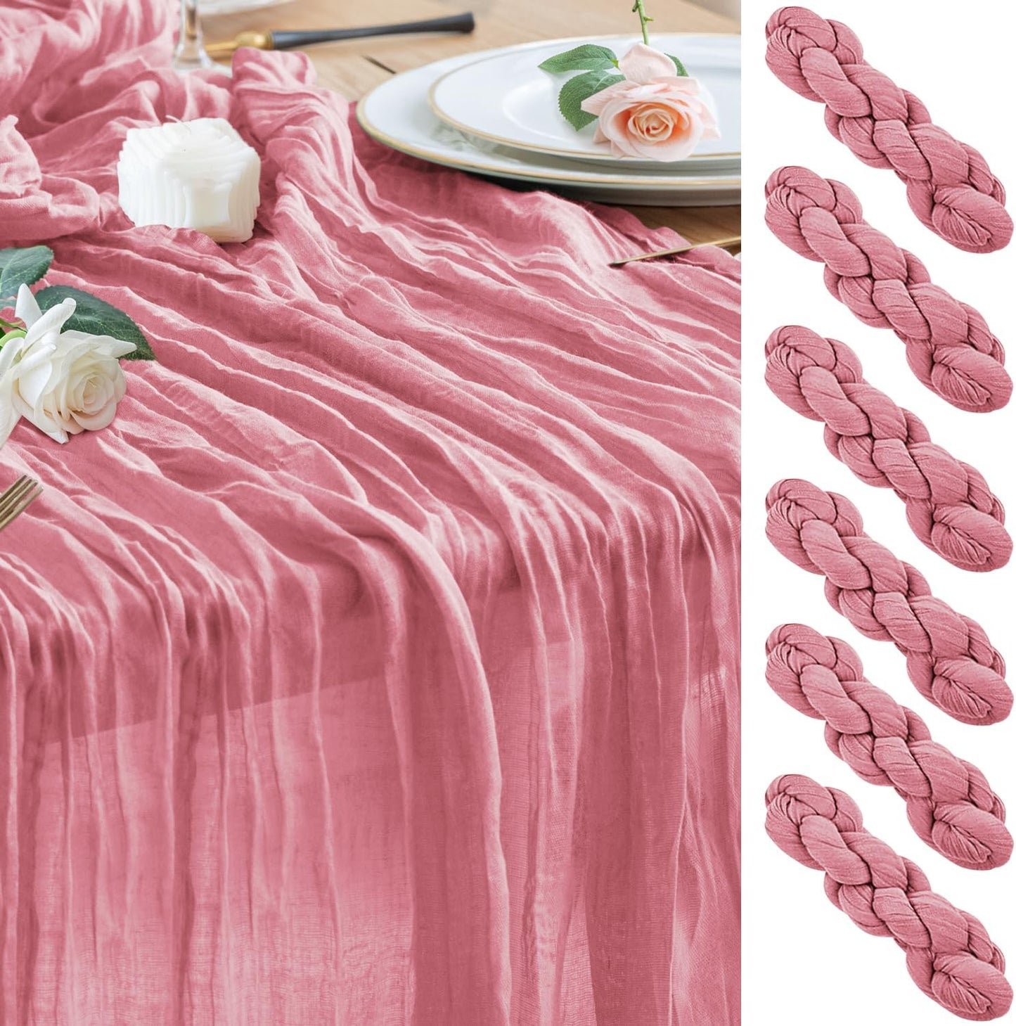 Wokceer Cheesecloth Table Runner 6Pack 10FT Dusty Rose Boho Gauze Cheese Cloth Table Runner for Party Long Rustic Sheer Table Runners for Baby Bridal Shower Wedding Easter Table Decor