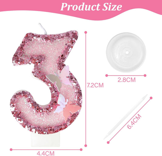 3th Birthday Candles，Glitter Butterfly Cake Toppers Pink Sequins Wedding Numeral Cupcake Decorations，Suitable for Girl and boy Wedding Cakes, Party Celebrations, Birthday Decorations