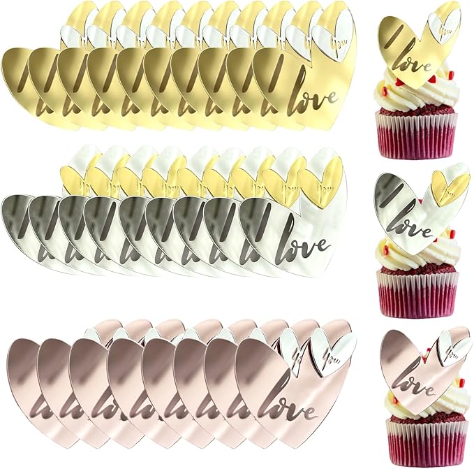 24 Pcs Love Heart Acrylic Cupcake Topper Cake Decoration Disc Mirror Acrylic Cake Topper Engraved Personalized Cake Topper for Valentine's Day Wedding Mother's Day (24, Gold Silver Rose)