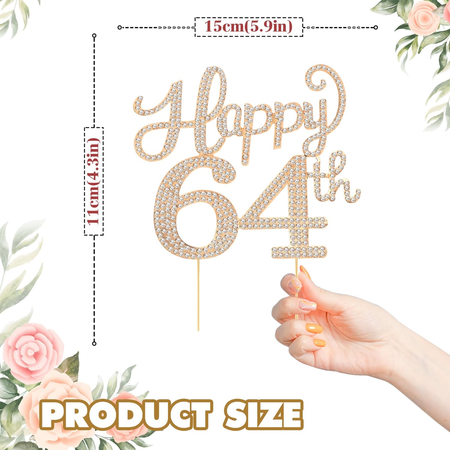 Happy 64th Birthday Decorations,64th Birthday Gold Rhinestone Cake Topper - Cheers to 64 Years Old Bday Party Metal Sparkly Cake Centerpieces Sign.