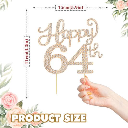 Happy 64th Birthday Decorations,64th Birthday Gold Rhinestone Cake Topper - Cheers to 64 Years Old Bday Party Metal Sparkly Cake Centerpieces Sign.