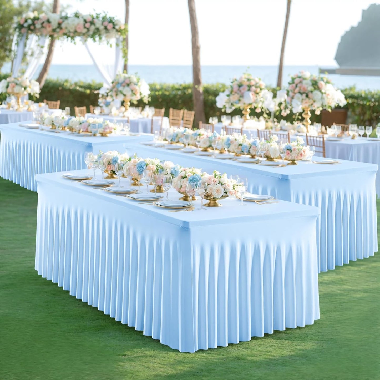 4 Pack Spandex Baby Blue Fitted Table Cloth for 6ft Rectangle Tables Baby Blue Stretch Tablecloth Table Covers Banquet Table Clothes Wrinkle Free Table Skirt for Parties Wedding