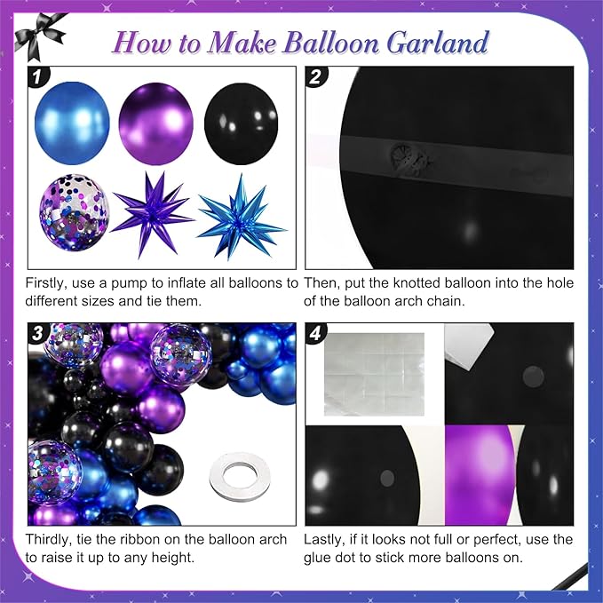 Black Purple Blue Balloon Garland Arch Kit, 140Pcs Metallic Blue Purple Teal Balloons Confetti Balloons with Stars for Fun Play Party Decorations Baby Shower Engagement Birthday Party Decorations