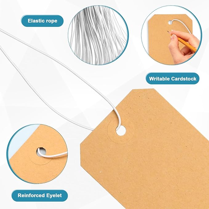 50 Pack Manila Shipping Tags with Elastic String Blank Labeling Tags with Strings Attached, 4 3/4" x 2 3/8"