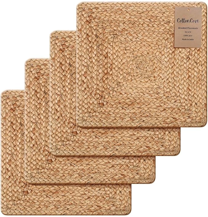 Jute Braided Placemats Set of 4-100% Jute Nonslip 14x14 inch Square Farmhouse Vintage Placemats for Dining Table - Perfect for Indoor Outdoor Natural Jute Placemats