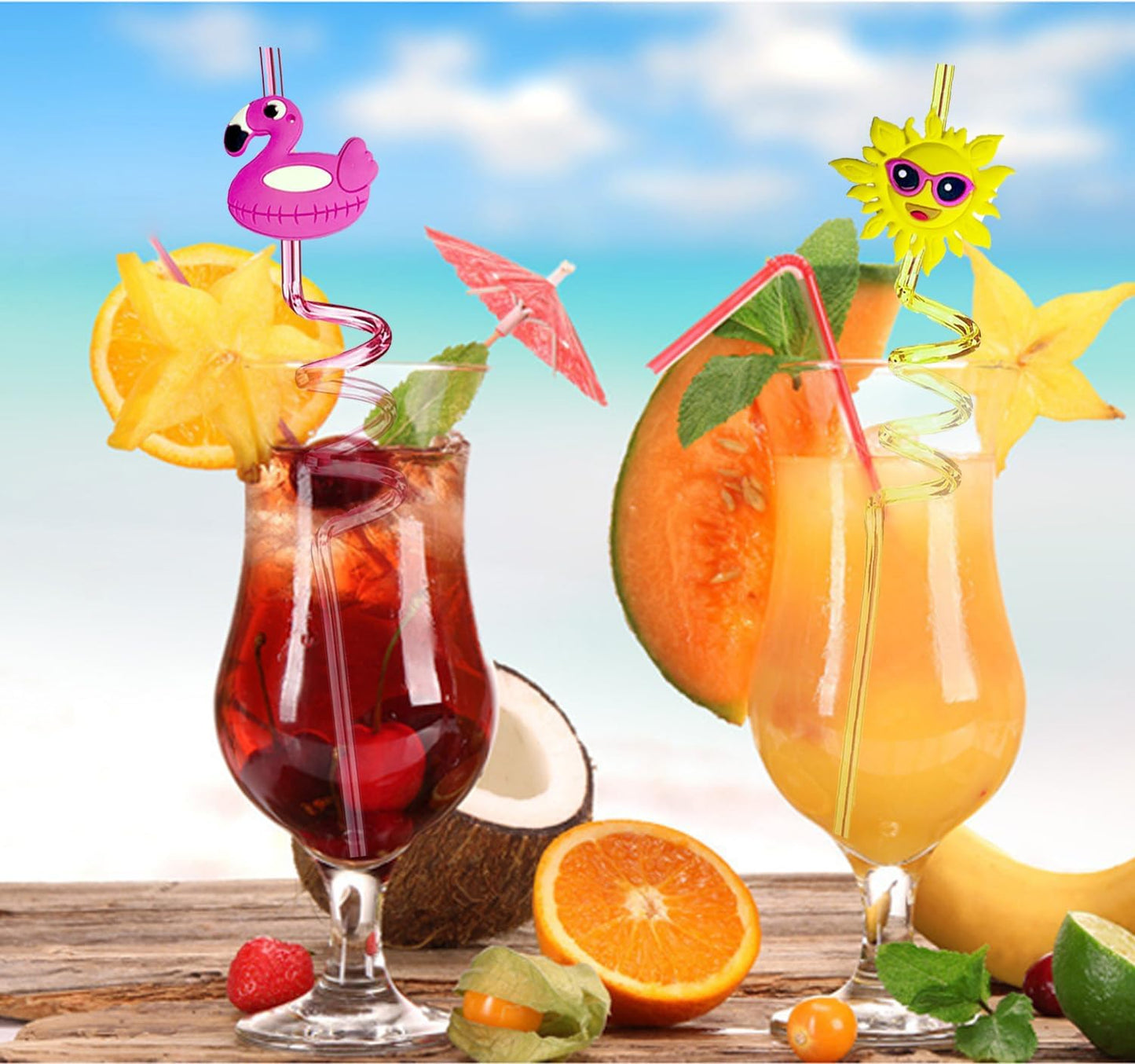 24 PCS Straws for Birthday Party Supplies Drinking Straws with 2 PCS Cleaning Brushes (Summer Beach)