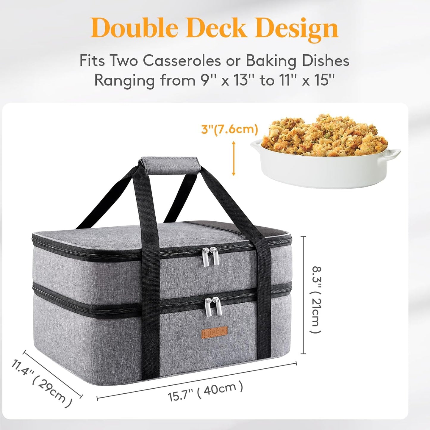 LUNCIA Double Decker Insulated Casserole Carrier for Hot or Cold Food, Lasagna Holder Tote for Potluck Parties/Picnic/Cookouts, Fits 9"x13" Baking Dish, Grey