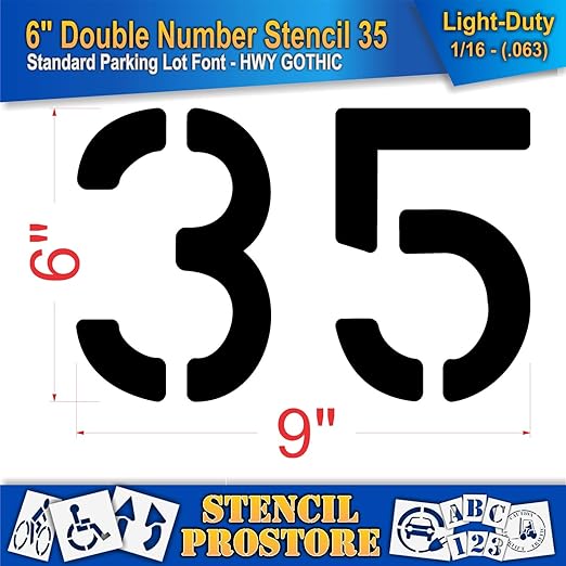 Pavement, Curb, and WheelStop Stencils - 6 inch Double Number Stencil - (35) - 6" x 9" x 1/16" (63 mil) - Light-Duty