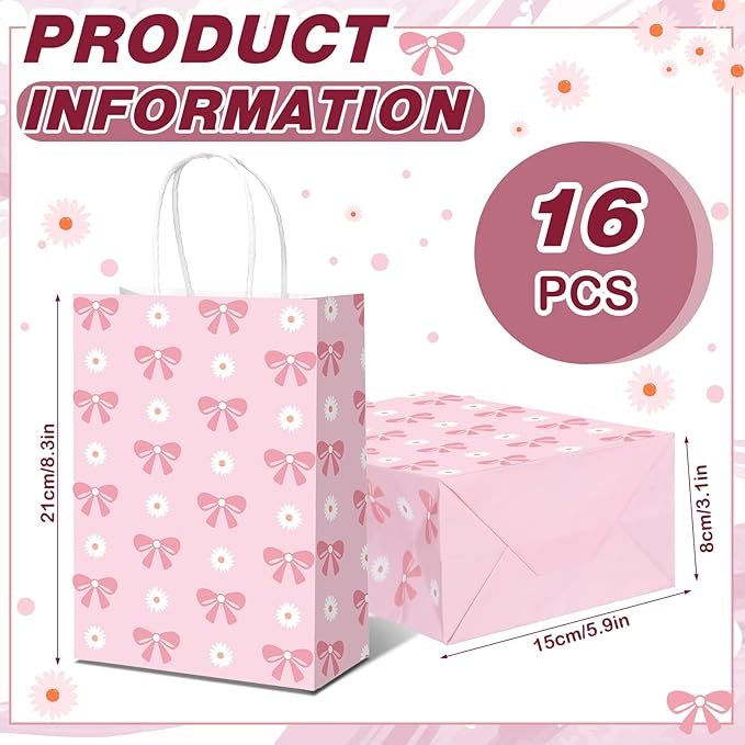 Kolldenn 16 Pcs Coquette Daisy Bow Paper Gift Bags Women Mother's Day Birthday Favor Goodie Candy Bags with Handles for Bridal Engagement Baby Shower Party Supplies