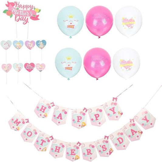 LOGOFUN Mothers Day Party Decorations Kit with Balloons Banners Cake Toppers for Festive Scene Setup and Celebration Supplies