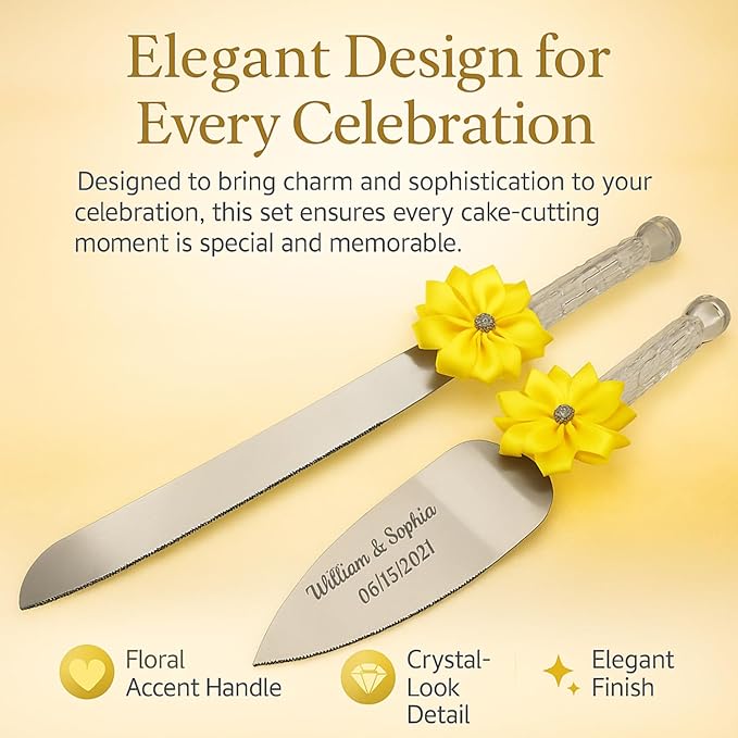 GIFTS INFINITY Personalized Wedding Cake Knife and Server Set with Engraving – Cake Cutting Utensil Set, Keepsake Gift for Wedding, Anniversary, Reception, Birthday & Other Occasions (Lime Yellow)