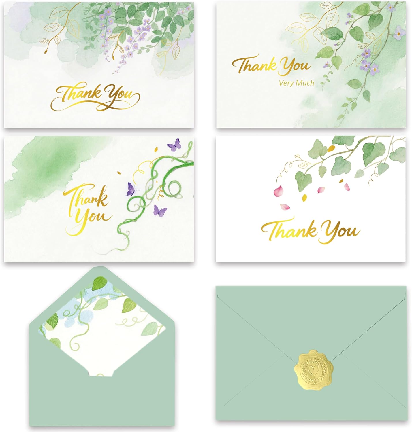 50 PK Thank You Cards Bulk with Envelopes & Gold Foil Stickers, 4x6 Inches, 4 Designs for Weddings Baby Bridal Showers Graduations Birthday